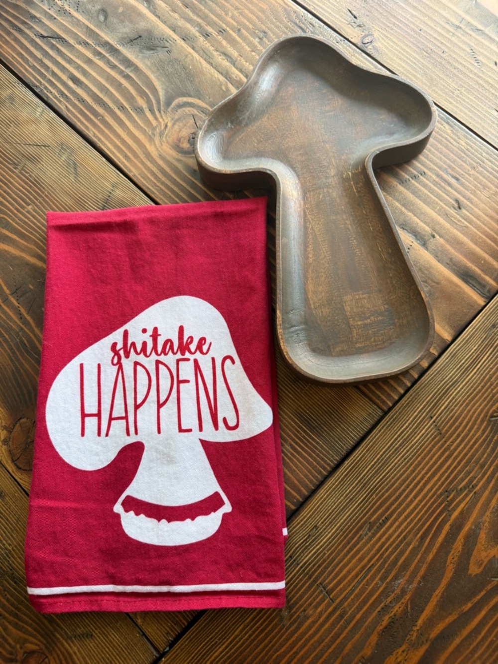 Red 'Shiitake Happens' Kitchen Tea Towel & Wood mushroom tray